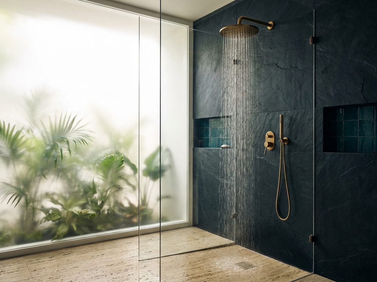 Douche à l'italienne avec pluie de douche laiton et paroi vitrée