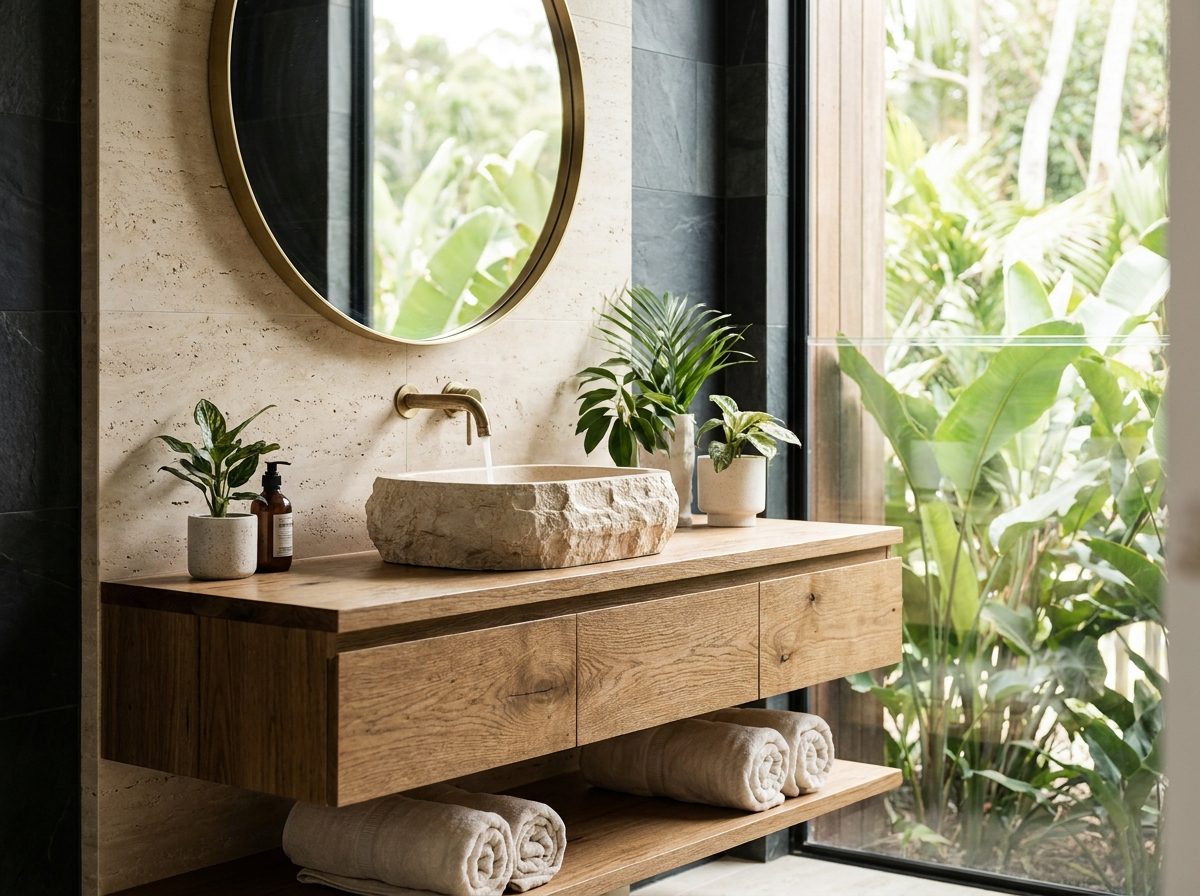 Meuble vasque en bois avec vasque en pierre et miroir laiton
