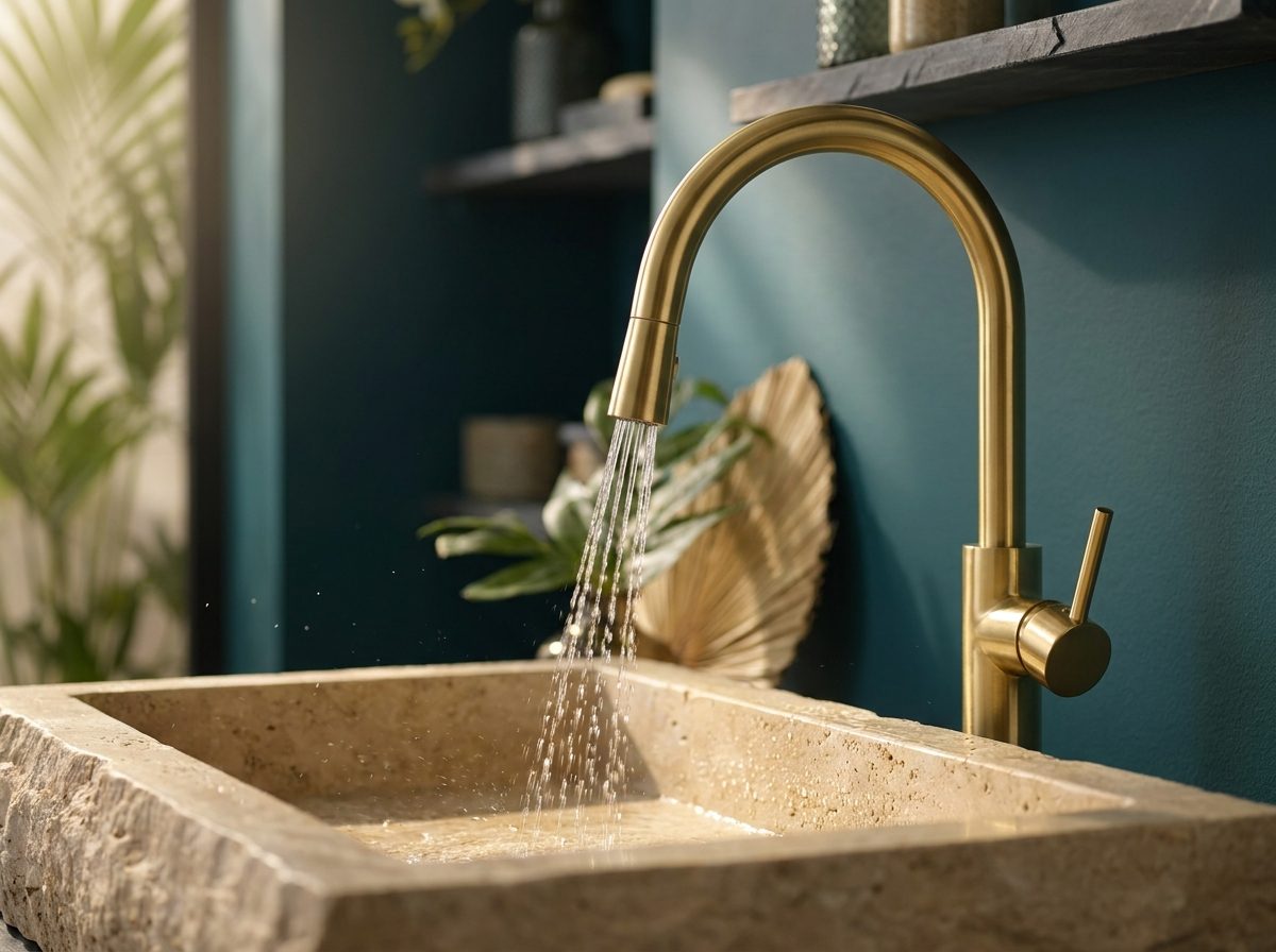 Mitigeur laiton avec eau qui coule sur une vasque en pierre